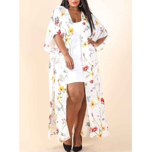 White Floral Kimono Cardigan Duster Maxi Tunic - Picture 2 of 5